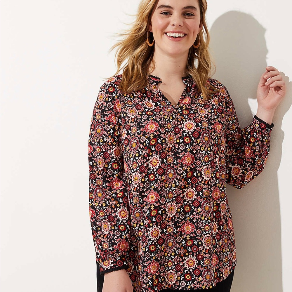 LOFT Plus Floral Lacy Split Neck Tunic
